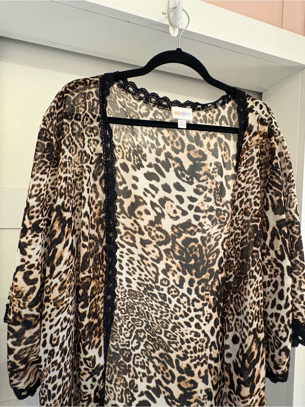 LuLaRoe Leopard Print Sheer Kimono Cardigan with Lace Trim